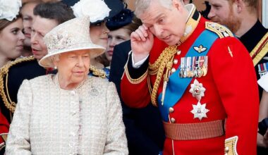 Queen Elizabeth II and Prince Andrew, Duke of York watch a flypast from the balcony of Buckingham Palace during Trooping The Colour, the Queen's annual birthday parade, on June 8, 2019 in London