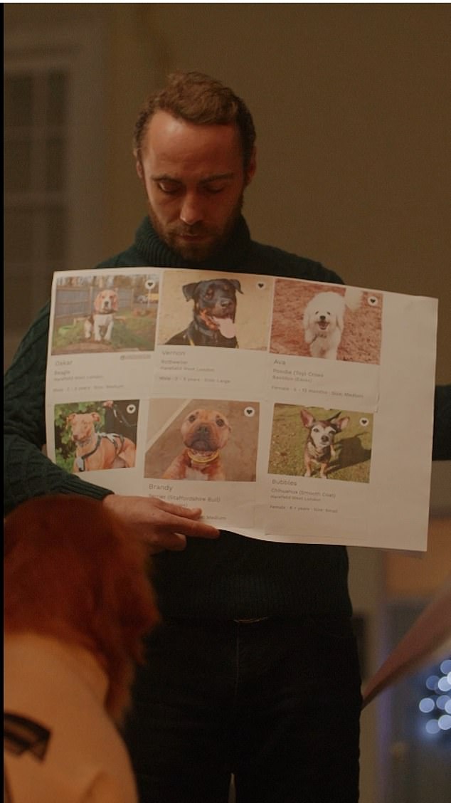 James holding up a cue card with the names and pictures of dogs up for adoption at the Dogs Trust