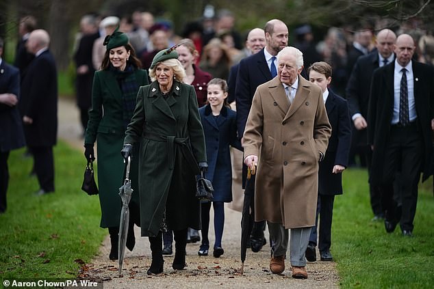 King Charles sported a beige trench coat and brown suede shoes for Christmas Day, while Queen Camilla wore a green coat