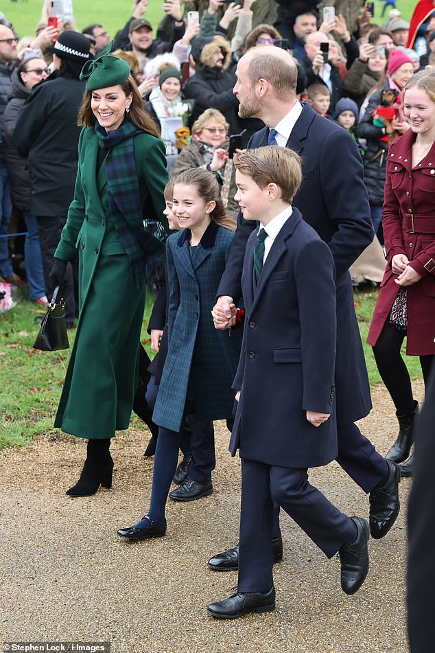 The Wales's three children were dressed smartly and all appeared in good spirits, while the Princess of Wales opted for a green coat