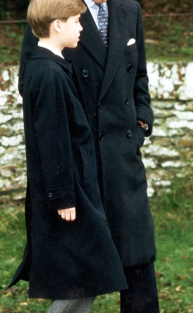 Prince William is pictured in 1993, aged 11, wearing a long coat to the Sandringham Church service, accompanied by his father Prince Charles