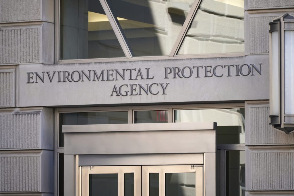 Closeup of the entrance sign to the American Environmental Protection Agency office building in Washington DC, dated April 4, 2023.