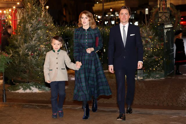 <p>Chris Jackson/Getty Images</p> Christopher Woolf, Princess Beatrice and Edoardo Mapelli Mozzi attend The "Together At Christmas" Carol Service at Westminster Abbey on Dec. 8, 2023 in London, England