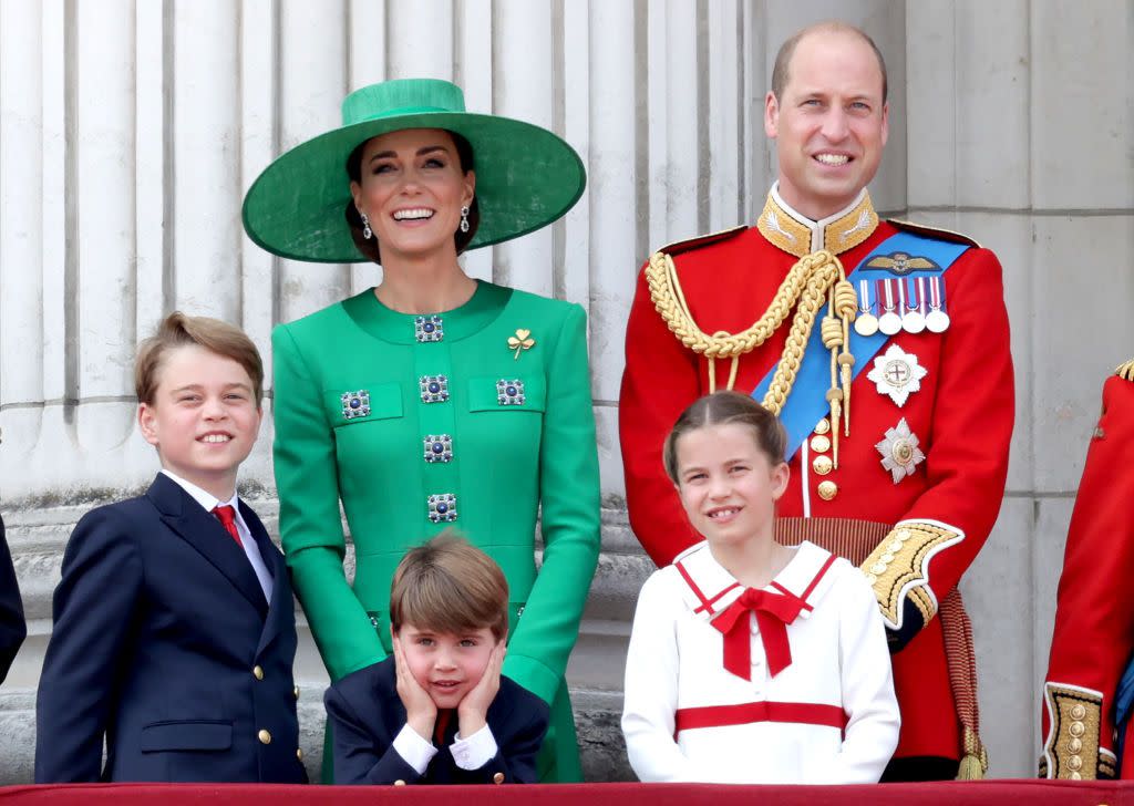 london, england june 17 prince william, prince of wales, prince louis of wales, catherine, princess of wales, princess charlotte of wales and prince george of wales on the buckingham palace balcony during trooping the colour on june 17, 2023 in london, england trooping the colour is a traditional parade held to mark the british sovereigns official birthday it will be the first trooping the colour held for king charles iii since he ascended to the throne photo by chris jacksongetty images