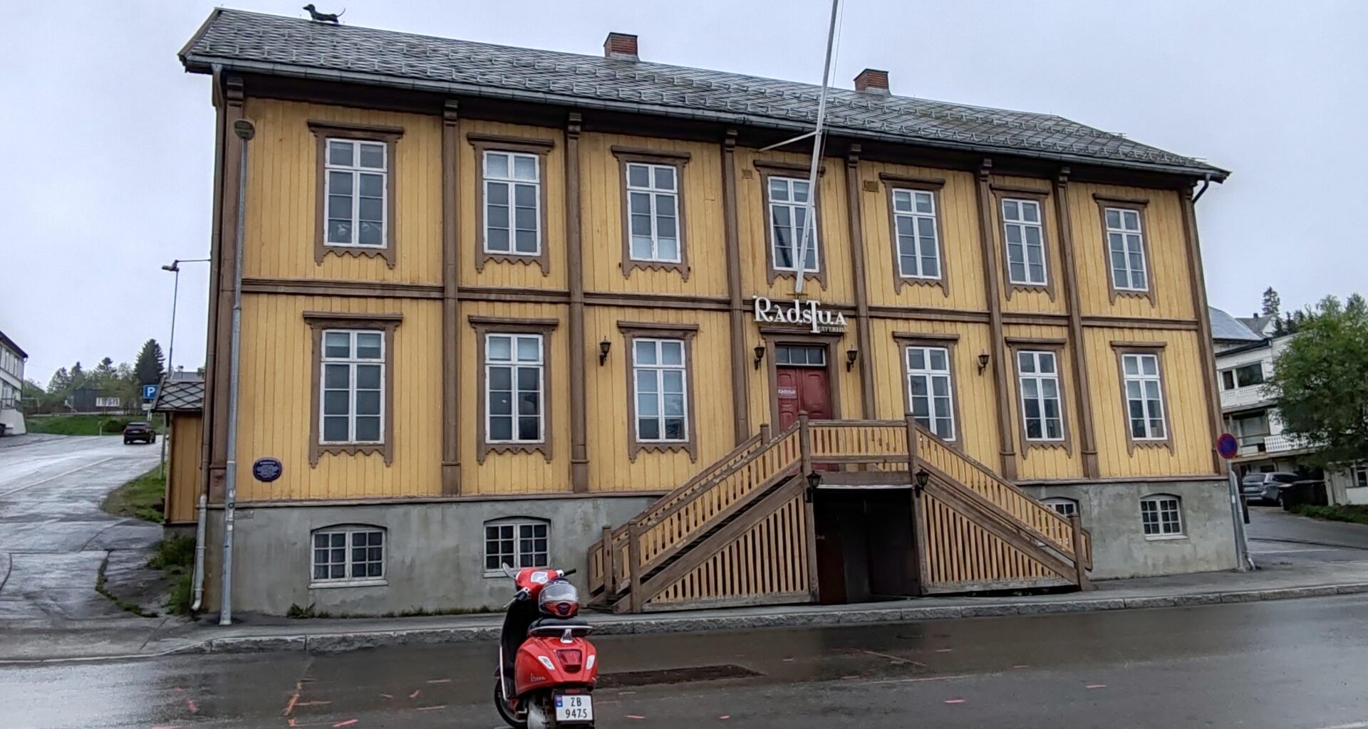 Tromso, Norway. Radstua Theatre and dog on roof.