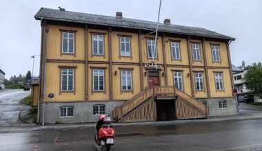 Tromso, Norway. Radstua Theatre and dog on roof.