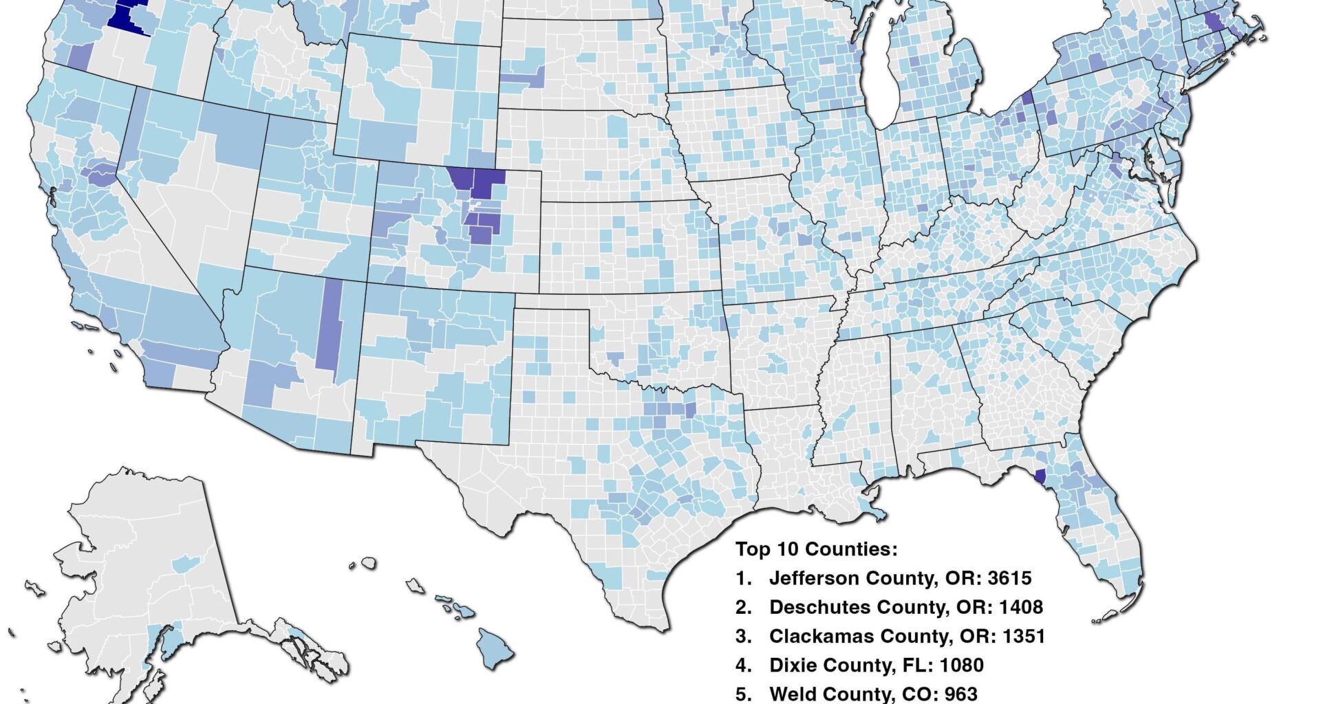 [OC] Distribution of Alpacas in the US