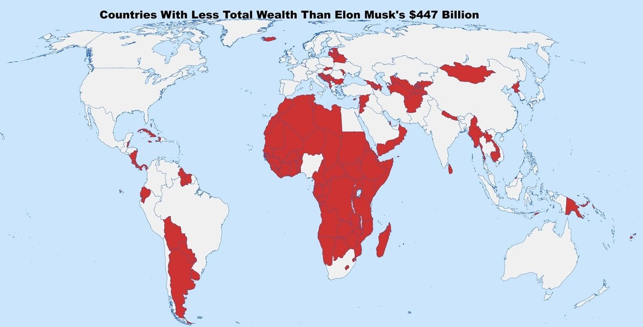 Only 55 Countries Now Have More Total Wealth Than Elon Musk's $447 Billion [OC]