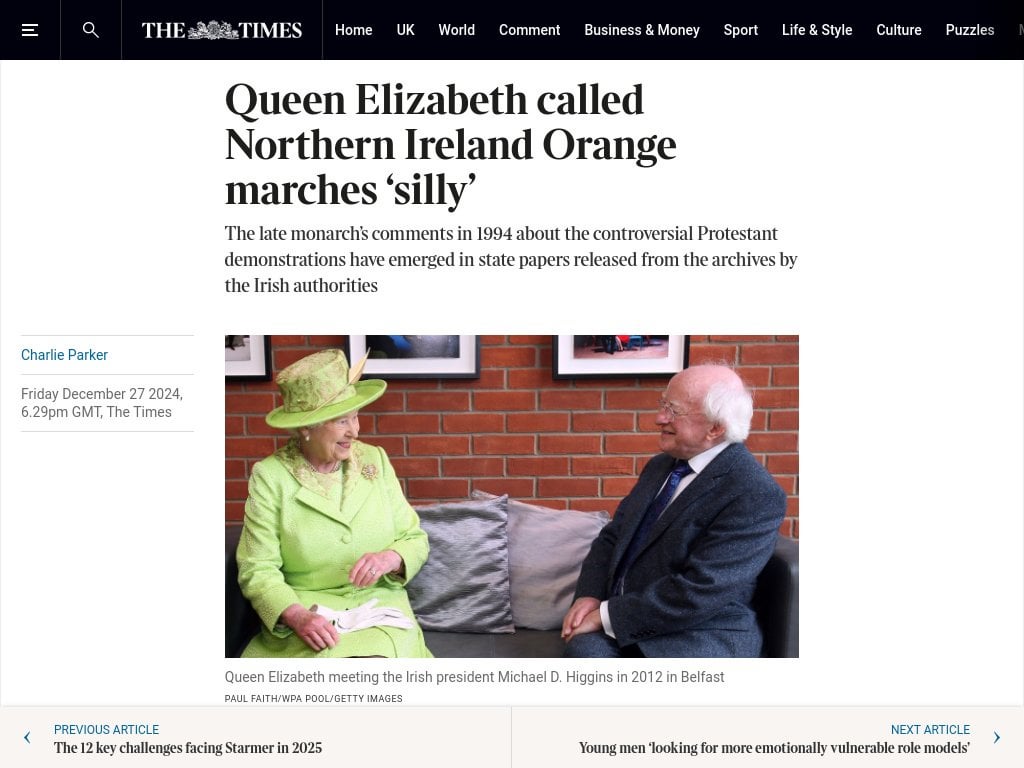 Queen Elizabeth called Northern Ireland Orange marches ‘silly’