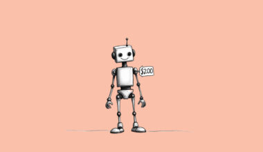 A robot with a $200 price tage to depict ChatGPT Pro and it's $200 subscription