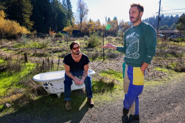 Solar Punk Farms cofounders Nick Schwanz and Spencer Scott talk about their bioregional regenerative and sustainable agricultural movement at their property in Guerneville, Calif., on Thursday, Dec. 5, 2024. (Ray Chavez/Bay Area News Group)