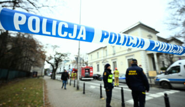 Police, city guards, and fire services exercise emergency drills at the U.S. embassy in Warsaw, Poland, 2024.