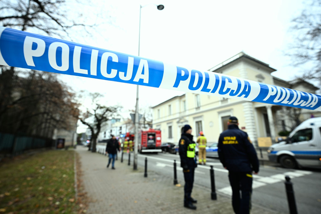 Police, city guards, and fire services exercise emergency drills at the U.S. embassy in Warsaw, Poland, 2024.