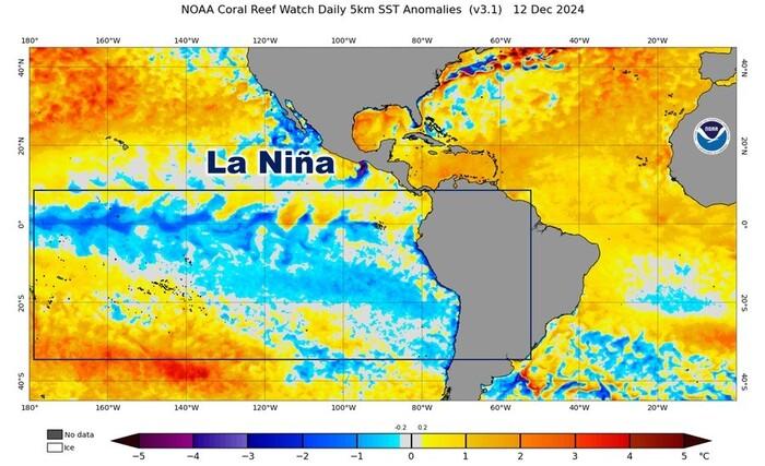 Anomalia termica sull'Oceano Pacifico nel rettangolo. Acque più fredde del normale, arriva la Niña