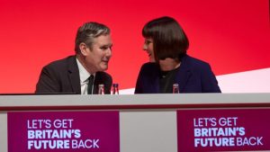 Liverpool, United Kingdom - October 09 2023: Labour Party Conference. Shadow Chancellor, Rachel Reeves prepares for her speech at the 2023 Labour Conference next to Keir Starmer.