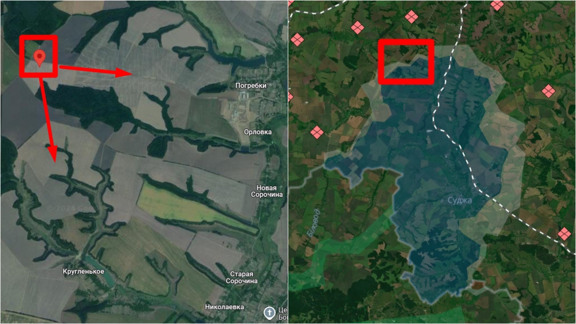 The site of the assault by the North Korean soldiers in the Kursk region according to the “CyberBoroshno” group