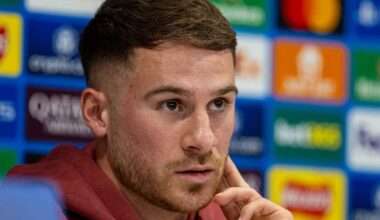 LIVERPOOL, ENGLAND - Tuesday, October 1, 2024: Liverpool's Alexis Mac Allister during a press conference at Anfield ahead of the UEFA Champions League game between Liverpool FC and Bologna FC. (Photo by David Rawcliffe/Propaganda)