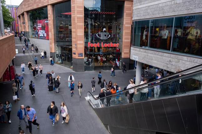 Crowds of shoppers out at Liverpool One Shopping Centre near the entrance to Foot Locker on 30th May 2024 in Liverpool, United Kingdom. Liverpool ONE is the largest open-air shopping centre in the UK and one of the most popular retail destinations in the country. (photo by Mike Kemp/In Pictures via Getty Images)