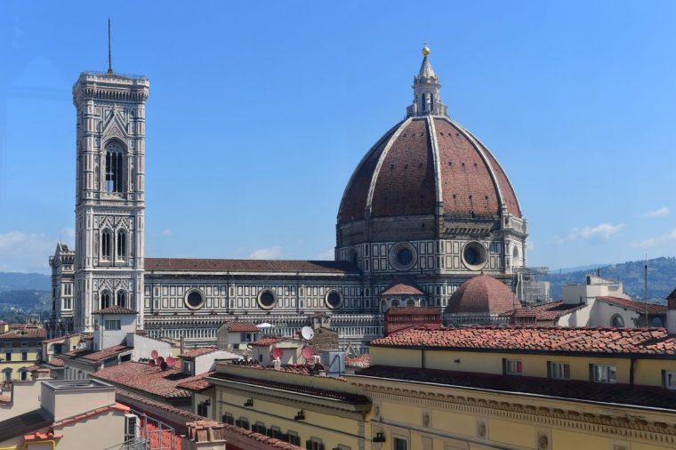 FLORENCE, ITALY - JUNE 01: The italian rinascimental artists and architects Filippo Brunelleschi cupole and Giotto's bells tower of Santa Maria del Fiore cathedral view from the windows of Orsanmichele Museum on June 01, 2022 in Florence, Italy. (Photo by Roberto Serra - Iguana Press/Getty Images)