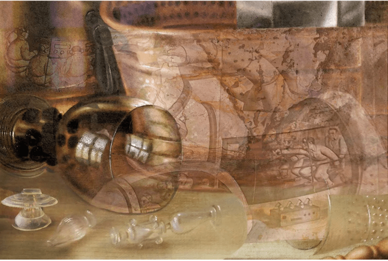 Collaged artwork by Friderike Heuer of pottery with figures on it and a wine glass on its side on a table.