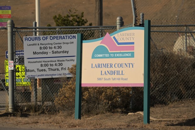 The Larimer County Landfill entrance sign in Fort Collins, Colorado, on Wednesday, Dec. 18, 2024. (Photo by Hyoung Chang/The Denver Post)