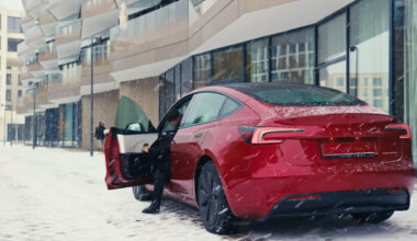 Tesla Model 3 Highland on an icy road somewhere in Europe.