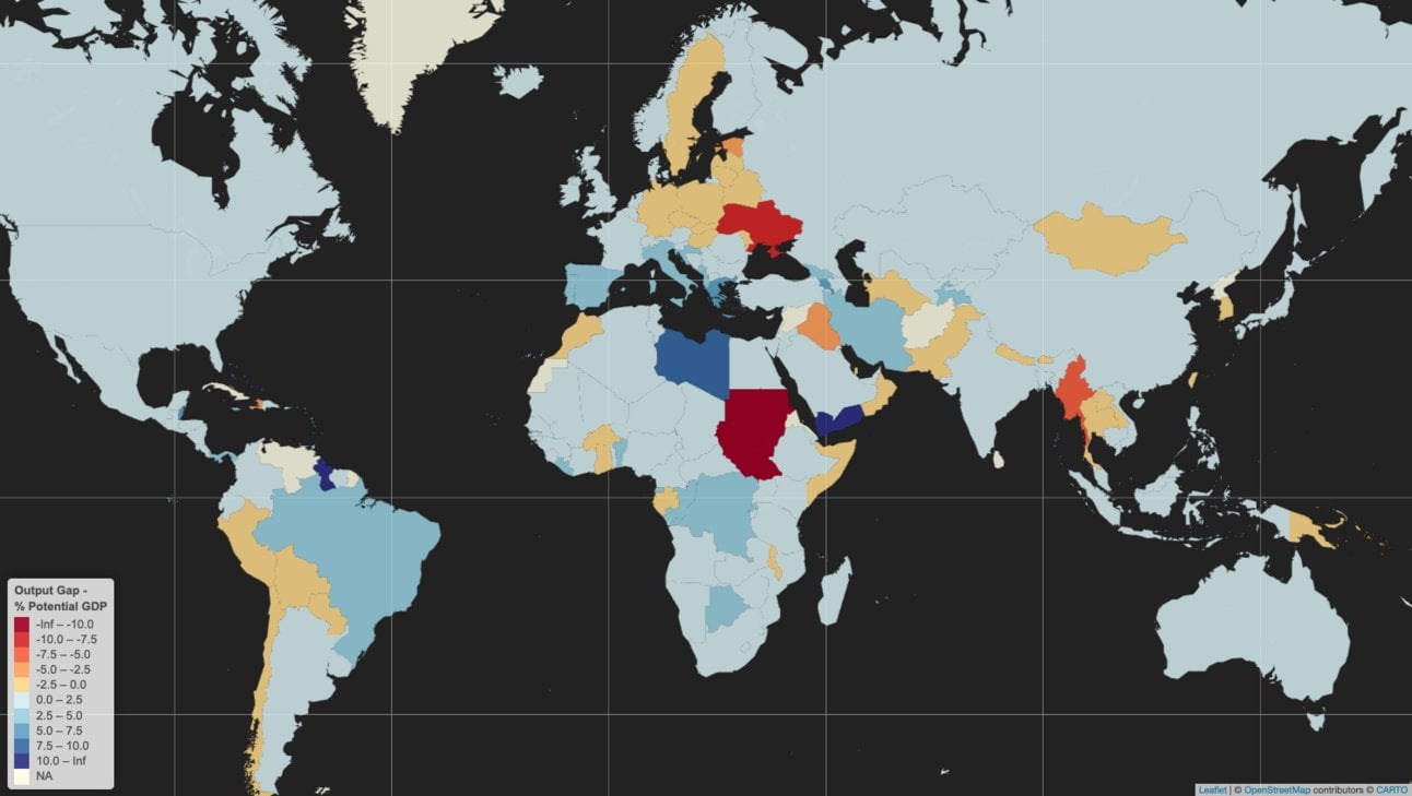 [OC] Output gaps by country, 2023. Output gap = [(Real GDP growth/Potential GDP growth) - 1] * 100. Used R with leaflet and rgdal packages, based on IMF data.