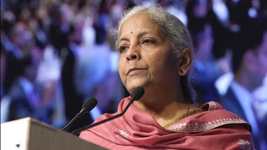 Union finance minister Nirmala Sitharaman addresses a gathering during the CII Global Economic Policy Forum 2024 in New Delhi on Wednesday. (PTI)