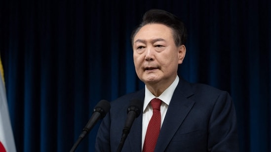 South Korea's President Yoon Suk Yeol delivering an address at the Presidential Office in Seoul. (AFP)