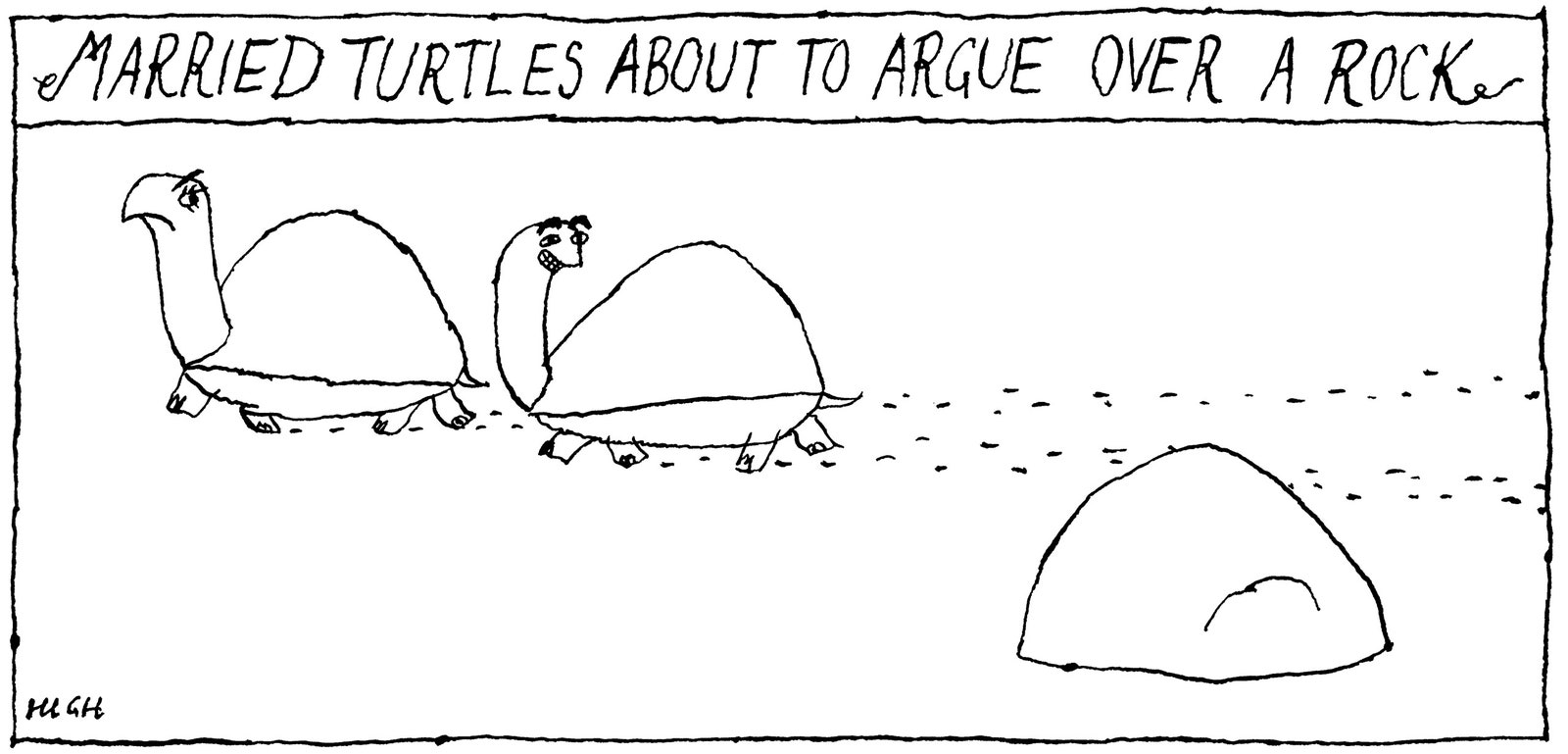 Two turtles walking by a rock. One turtle looks angry and the other one looks at the rock with a flirtatious grin.