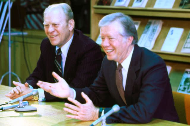Bettmann Archive/Getty Presidents Gerald Ford and Jimmy Carter at the Ford Presidential Library in Ann Arbor, Mich.