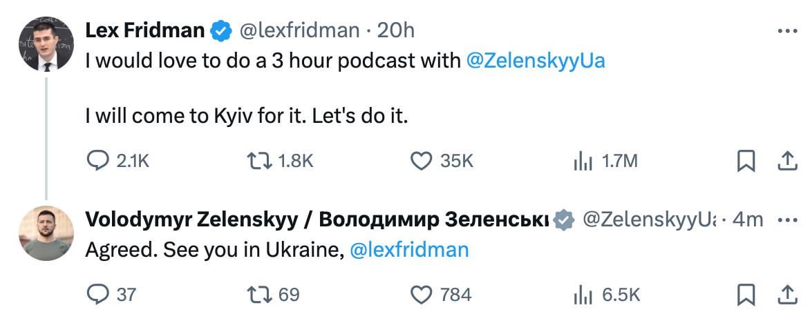 UNITED24: President Zelenskyy has agreed to an interview with Lex Fridman.