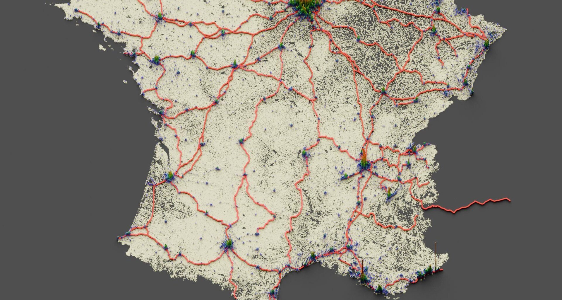 Population Density Map for France + TGV network[OC]