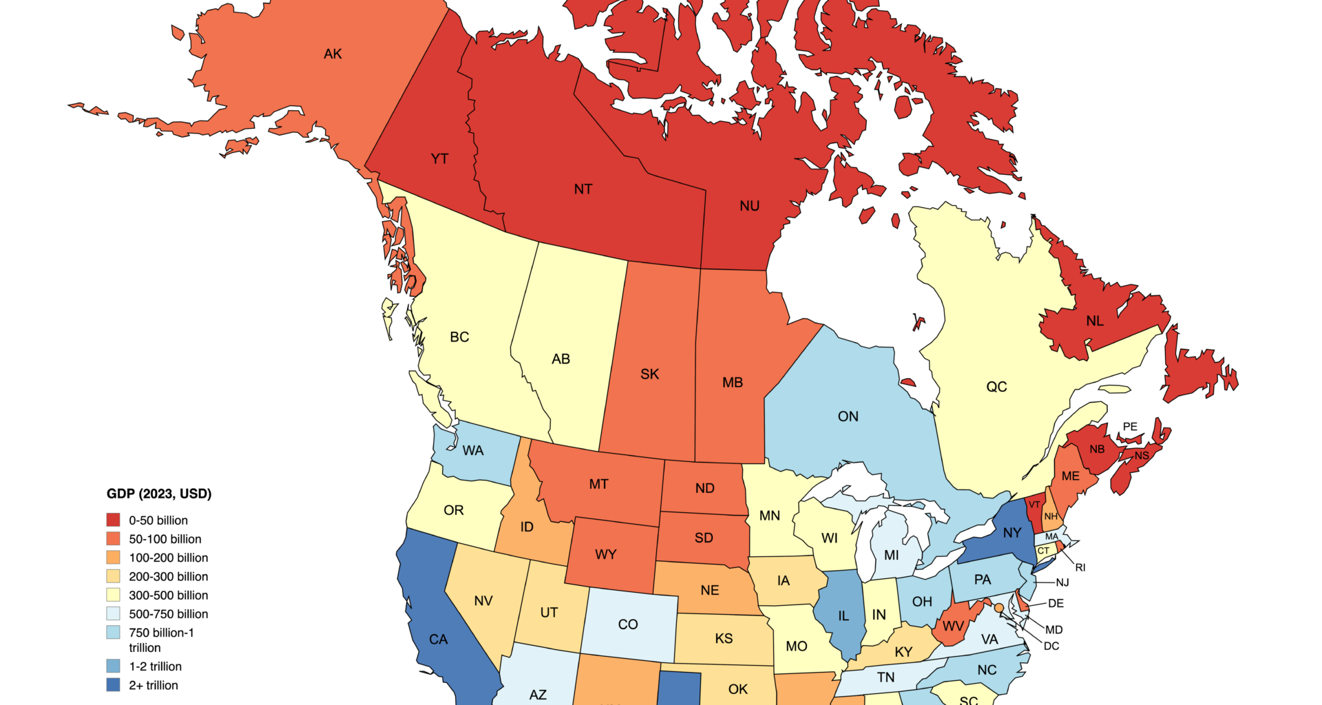 GDP by US State/Canadian province, 2023 (in US Dollars) [OC]
