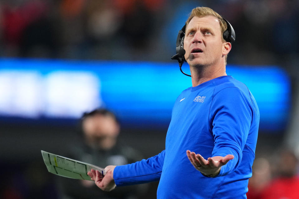 Will Rhett Lashlee and SMU still make the playoff field after Saturday's loss to Clemson in the ACC title game? (Grant Halverson/Getty Images)