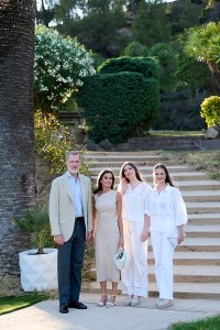 BARCELONA, SPAIN - JULY 09: (L-R) King Felipe VI of Spain, Queen Letizia of Spain, Princess Sofia of Spain and Crown Princess Leonor of Spain attend a meeting with winners of previous editions of the Princess of Girona Awards during the events of the XV anniversary of the Princess of Girona Foundation at the Melia Lloret de Mar Hotel on July 09, 2024 in Barcelona, Spain.  (Photo by Carlos Alvarez/Getty Images)