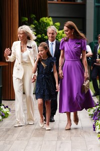 LONDON, ENGLAND - JULY 14: Catherine, Princess of Wales (R) and Princess Charlotte (2nd L) arrive at the All England Lawn Tennis and Croquet Club in Wimbledon, south west London, on day fourteen of the Wimbledon Tennis Championships on July 14, 2024 in London, England. The Princess of Wales will present the trophy to the winner of the men's final. (Photo by Aaron Chown - WPA Pool/Getty Images)