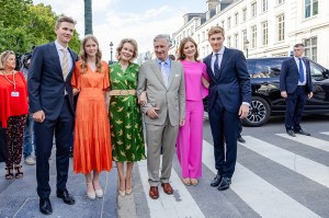 BRUSSELS, BELGIUM - JULY 21: Prince Gabriel, Princess Eleonore, Queen Mathilde, King Philippe, Princess Elisabeth and Prince Emmanuel of Belgium pose for photographers as they leave the Belgian national day party at the Parc de Bruxelles on July 21, 2024 in Brussels, Belgium.  (Photo by Geert Vanden Wijngaert/Getty Images)