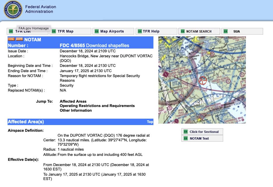 Notice To Airmen (NOTAM) warning of TFRs for drone flights over the Hope Creek generation station (FAA)