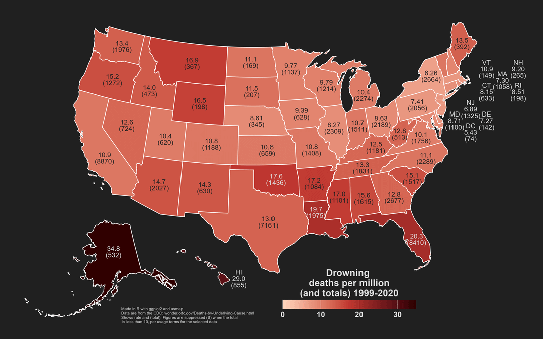 [OC] Drownings in the US by state (1999-2020)