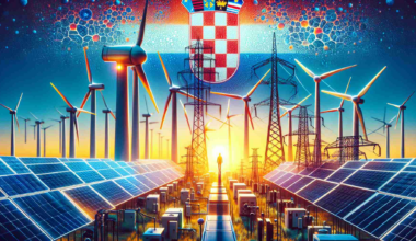 Generate a high-definition, realistic image representing a surprising turn of events in Croatia's energy story. Include visual symbols related to energy – wind turbines, solar panels, electricity pylons – but then introduce an unexpected element that signifies an unforeseeable shift.