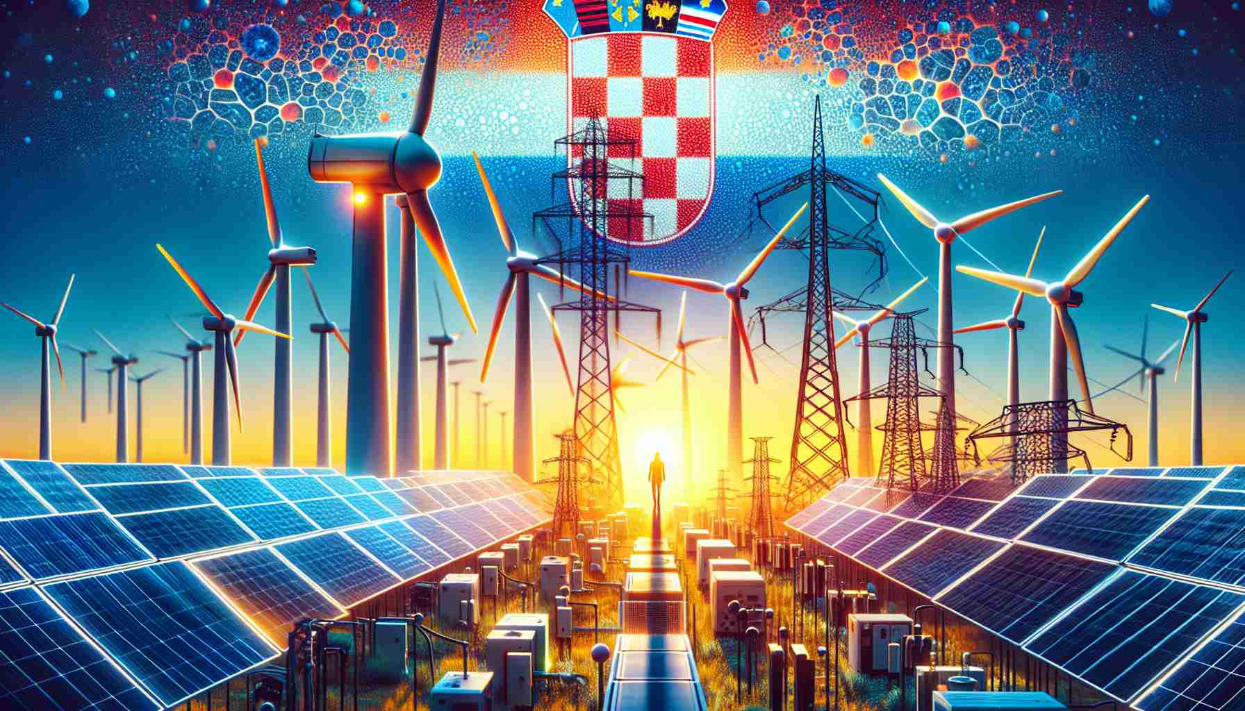 Generate a high-definition, realistic image representing a surprising turn of events in Croatia's energy story. Include visual symbols related to energy – wind turbines, solar panels, electricity pylons – but then introduce an unexpected element that signifies an unforeseeable shift.