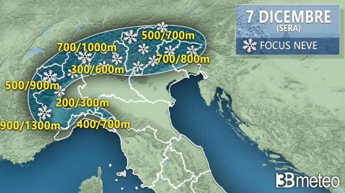 Dove nevicherà sabato 7 gennaio, infografica 3BMeteo