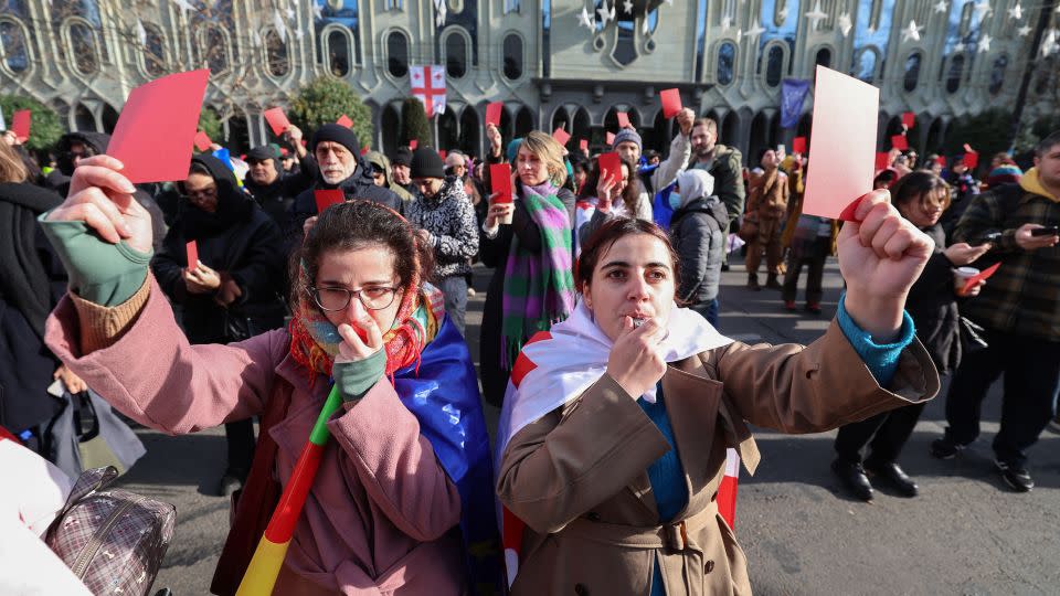 Protesters rally ahead of the inauguration ceremony for Georgian President-elect Mikheil Kavelashvili, in Tblisi. His rise to power has triggered a wave of demonstrations among pro-EU citizens. - Giorgi Arjevanidze/AFP/Getty Images