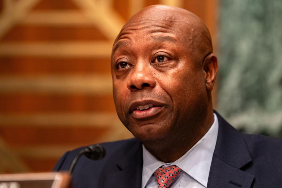 Sen. Tim Scott (R-SC) speaks before Consumer Financial Protection Bureau (CFPB) director Rohit Chopra testifies during a Senate Banking, Housing, and Urban Affairs Committee hearing on Capitol Hill on December 11, 2024 in Washington, DC.