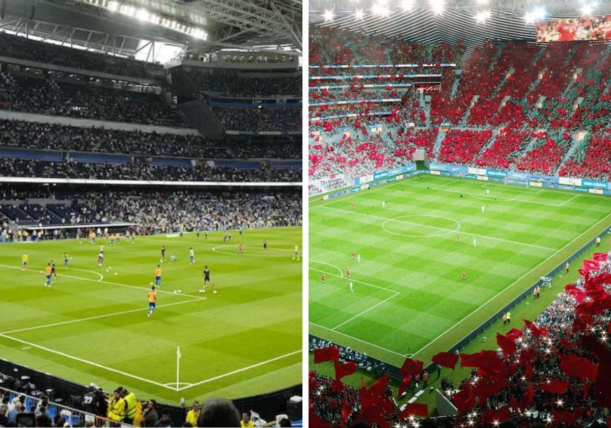 A la izquierda, el estadio Santiago Bernabéu (Madrid); a la derecha, del Hassan II de Casablanca (Marruecos)