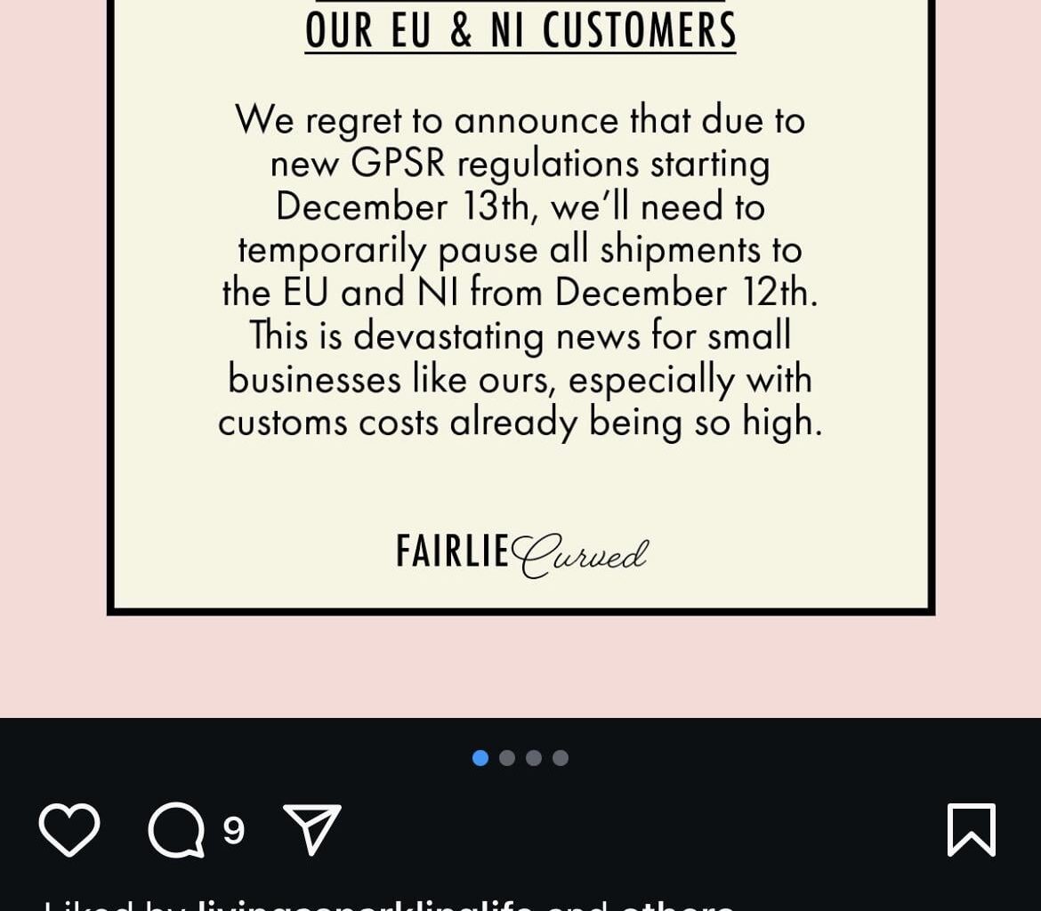 GPSR law - independent companies no longer shipping to NI/EU after 12th December?