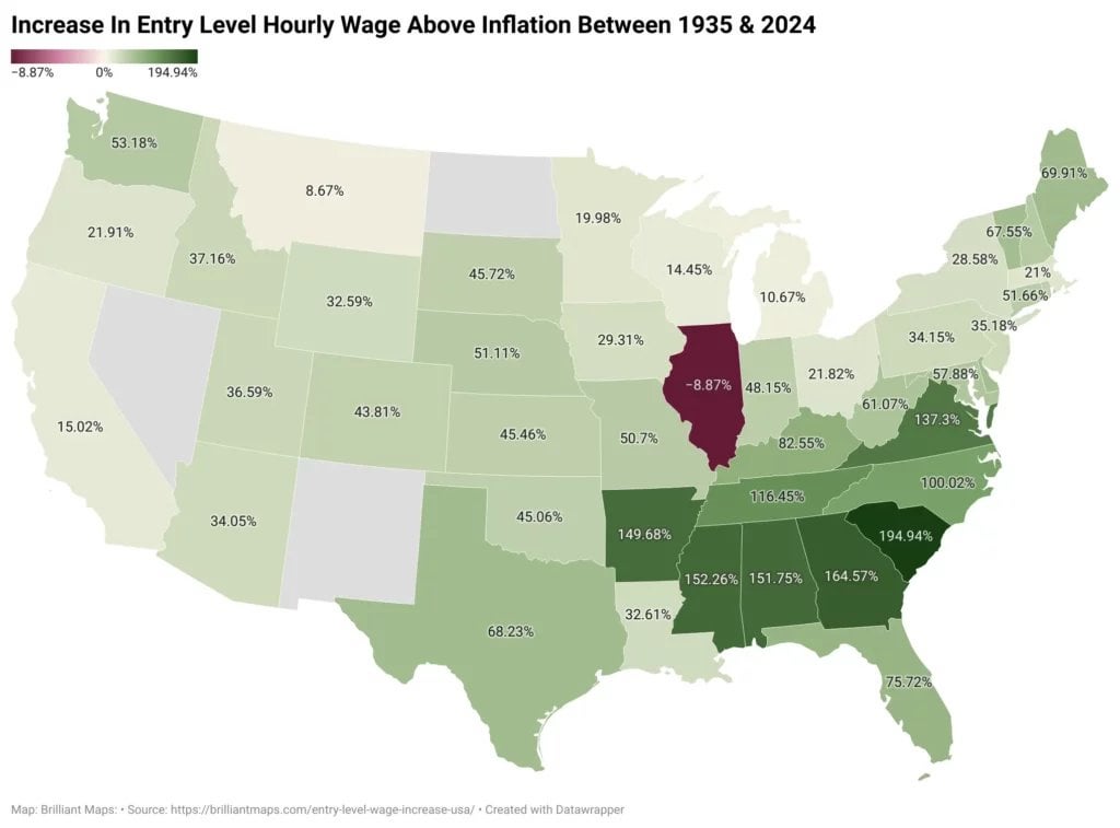 Increase In Entry Level Hourly Wage Above Inflation Between 1935 & 2024 By State [OC]