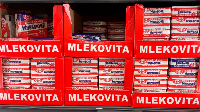 Butter, which has been rising fast in price in much of Europe, is displayed in a grocery store in Warsaw