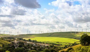 Long range view of wind turbines in the countryside